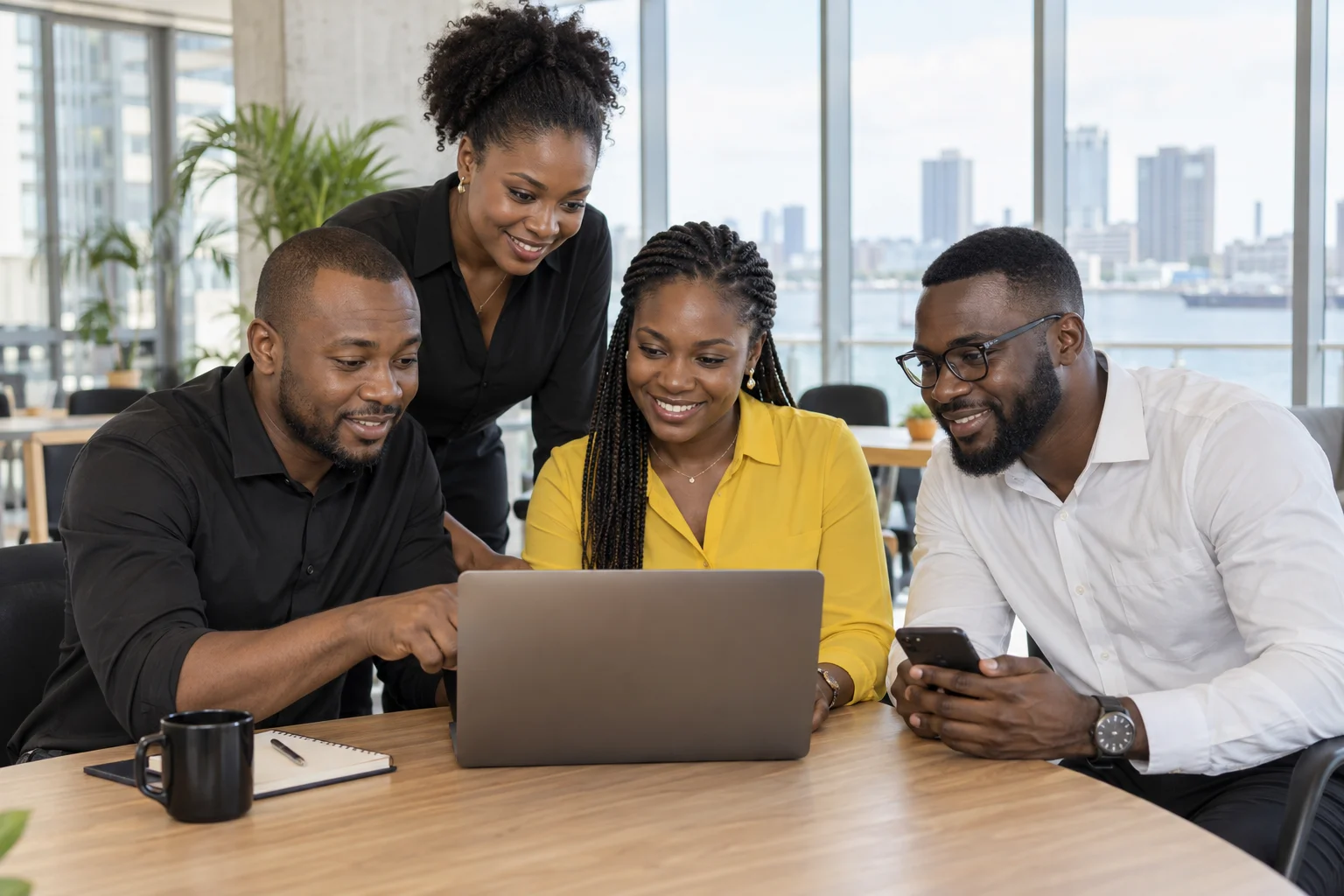 Illustrative scene of women and men collaborating in a Cameroonian business workspace